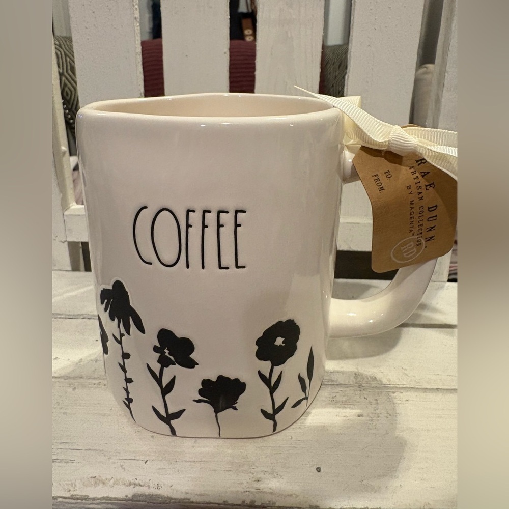 Rae Dunn Cream Mug with Black Floral Motif